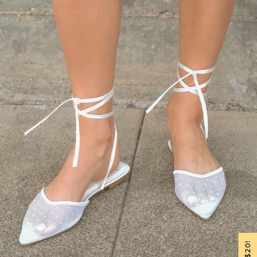 Lulu’s Sophiie White Satin Mesh Lace-Up Flats NEW size 7.5